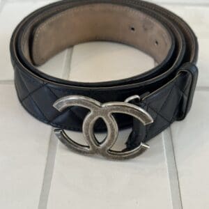 Chanel silver belt black leather