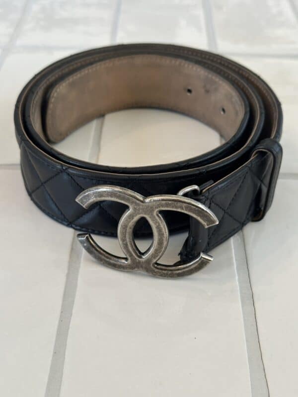 Chanel silver belt black leather